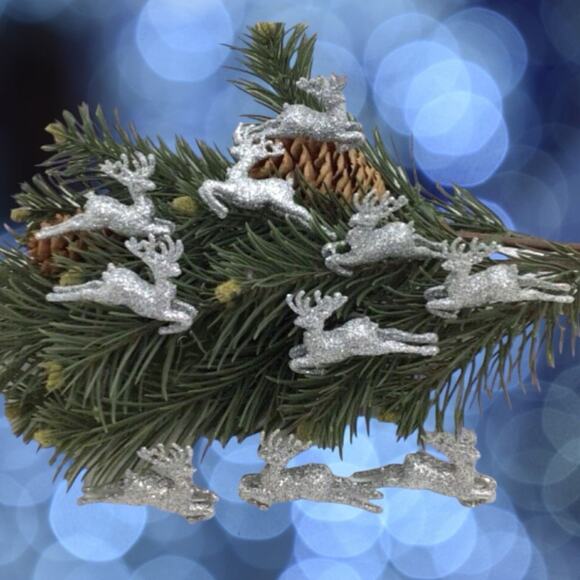 10 Silver Leaping Reindeer Mini Christmas Tree Ornaments Glitter - Picture 1 of 3